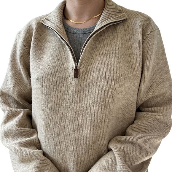 Vintage 1990s Polo Ralph Lauren Tan 100% Lambswool Quarter Zip Oversized Sweater - Picture 3 of 6
